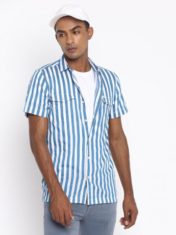 Lee Men Blue Striped Slim Fit Shirt