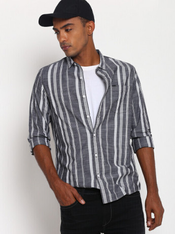 Lee Men Grey Striped Slim Fit Shirt