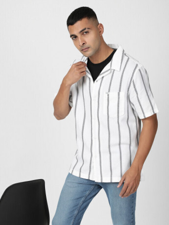 Lee Men's Striped White Shirt (Regular)