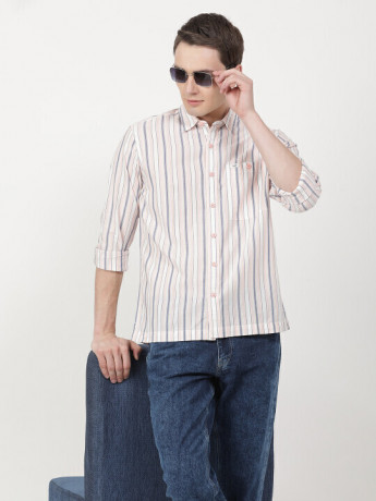 Lee Men's Striped Beige Shirt (Comfort)