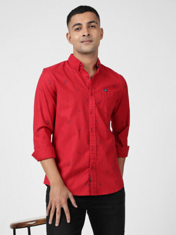 Lee Men's Printed Red Shirt (Slim)