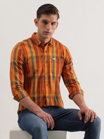 Lee  Men's Checked Orange Shirt (Slim)