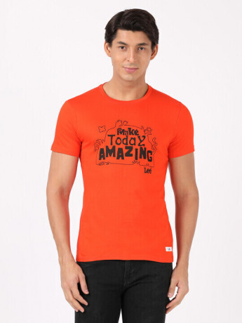 Lee Men Bright Orange Graphic Print Slim Fit T Shirt