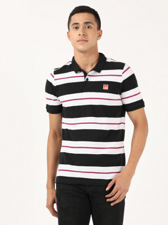Lee Men Black & White Striper Striped Slim Fit T Shirt
