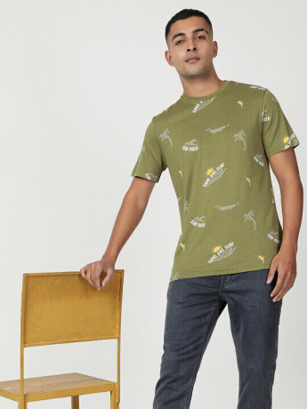 Lee Men Printed Green Crew Neck Regular Fit Tshirt