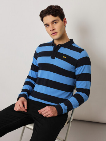 Lee Men's Striped Blue Polo T-Shirt (Slim)