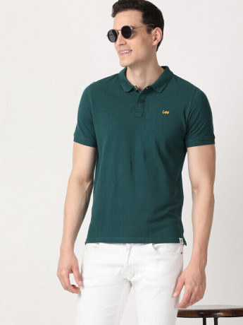 Lee Men Printed Green Polo Neck Slim Fit Tshirt