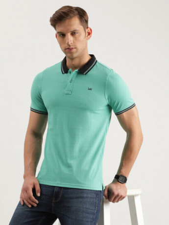 Lee Men Printed Green Polo Neck Slim Fit Tshirt