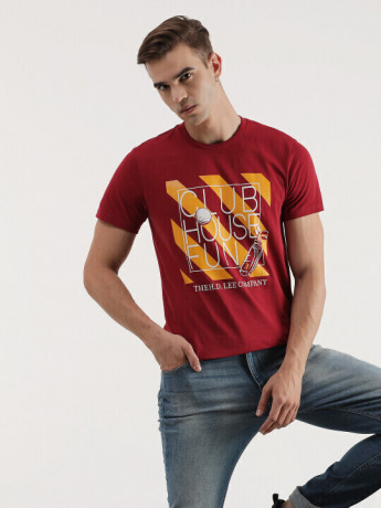Lee Men's Graphic Print Red Crew Neck T-Shirt (Slim)