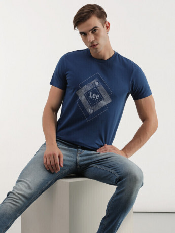 Lee Male Solid Blue Crew Neck Slim Fit Fit shirt