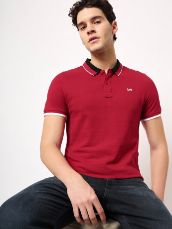 Lee Men Printed Red Polo Neck Slim Fit Tshirt
