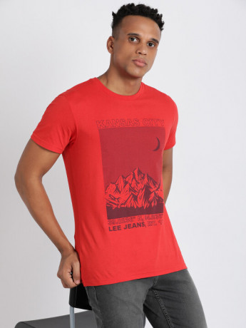 Lee Men Printed Red Crew Neck Slim Fit Tshirt