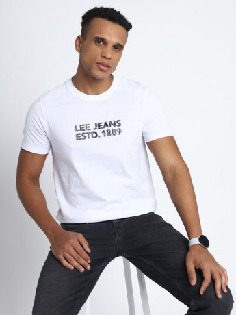 Lee Men Printed White Crew Neck Slim Fit Tshirt