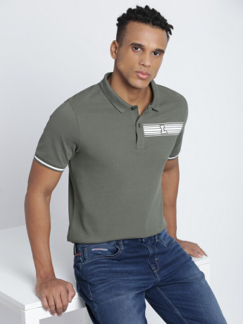 Lee Men's Printed Green Polo T-Shirt (Slim)