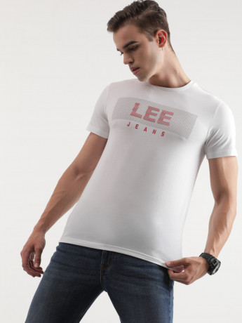 Lee Men Geometric White Crew Neck Slim Fit Tshirt